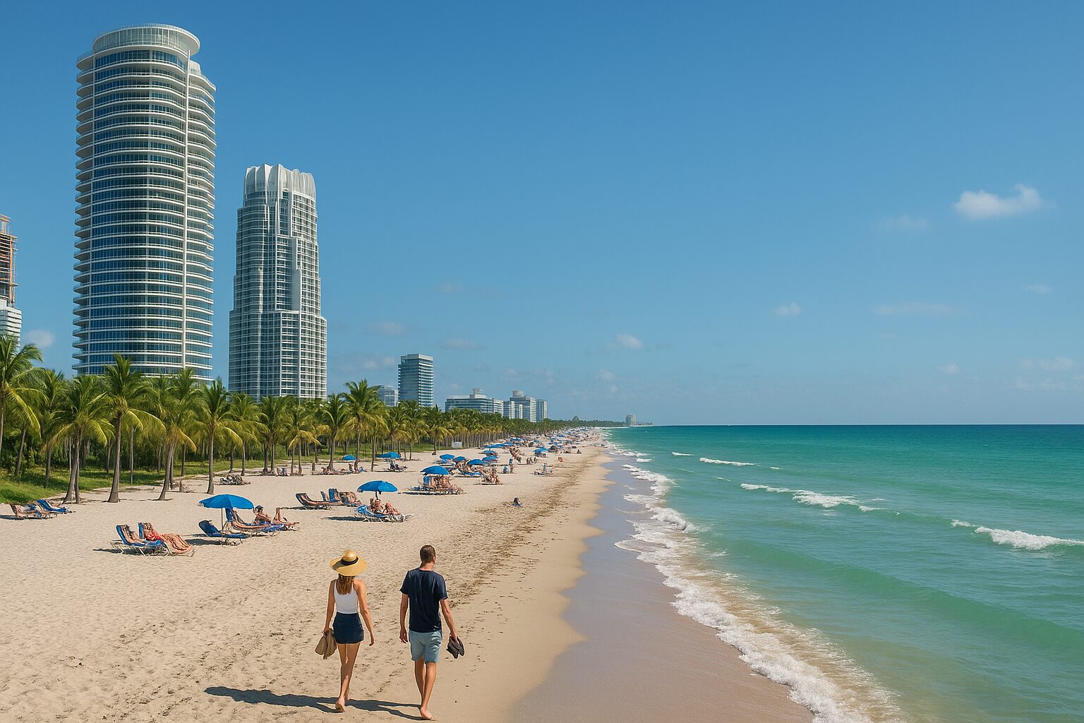 Paar spaziert am sonnigen Strand in Florida mit Palmen, Hochhäusern und türkisblauem Meer – symbolisiert den typischen Lebensstil in Miami, Naples und Cape Coral